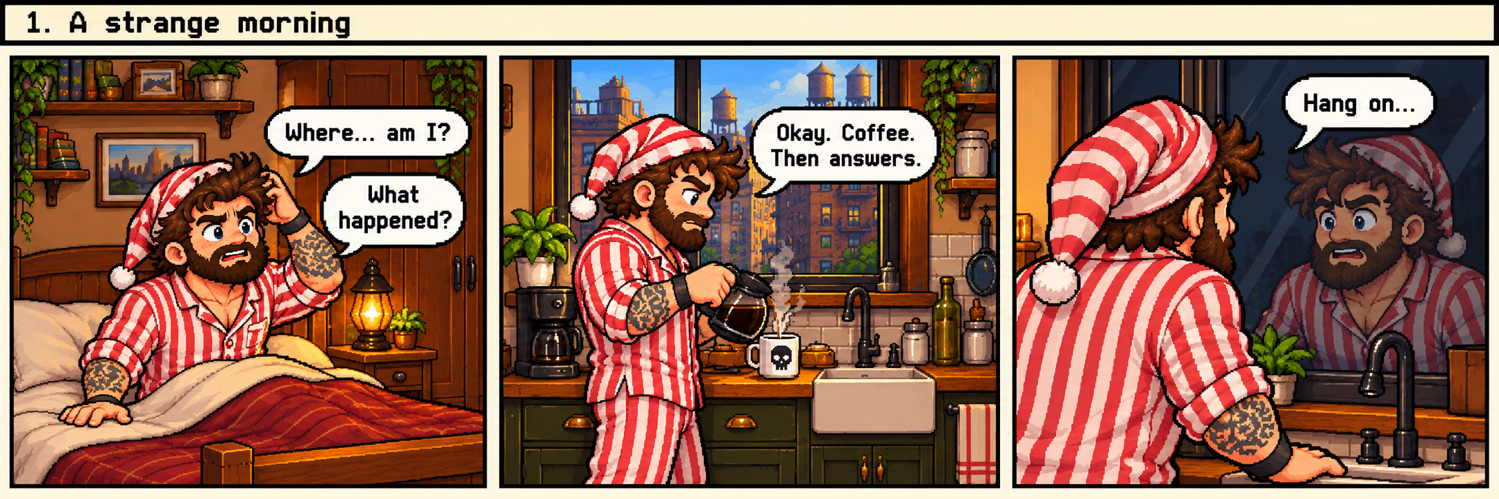 Marz wakes confused in his own unfamiliar-seeming bedroom, tangled in white/red striped pyjamas and matching floppy cone sleeping hat, tattoos visible where cuffs are rolled. Connected compact kitchen, still pyjamas/hat, making coffee at counter beside window; mundane sleepy routine. Marz catches his own reflection in dark kitchen window: clearly stepped pixel silhouette, his own face and hat correctly mirrored, shocked expression.